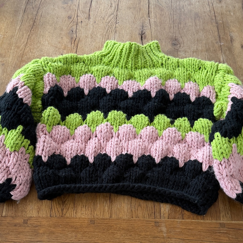 Chunky Knit Oversized Sweater Green Pink Black | Cozy Color Block Hmxd